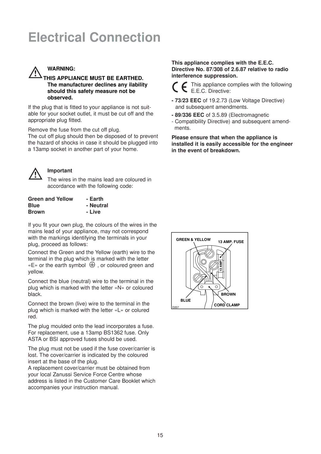 Zanussi ZFT 51/2 R manual Electrical Connection, Green and Yellow Earth Blue Neutral Brown Live 