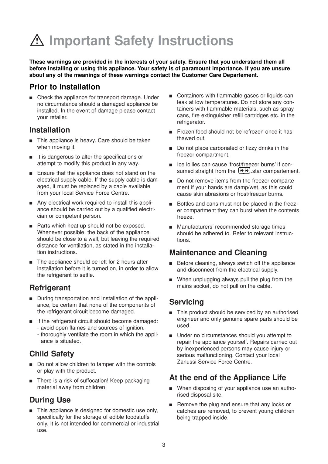 Zanussi ZFT 51/2 R manual Important Safety Instructions 