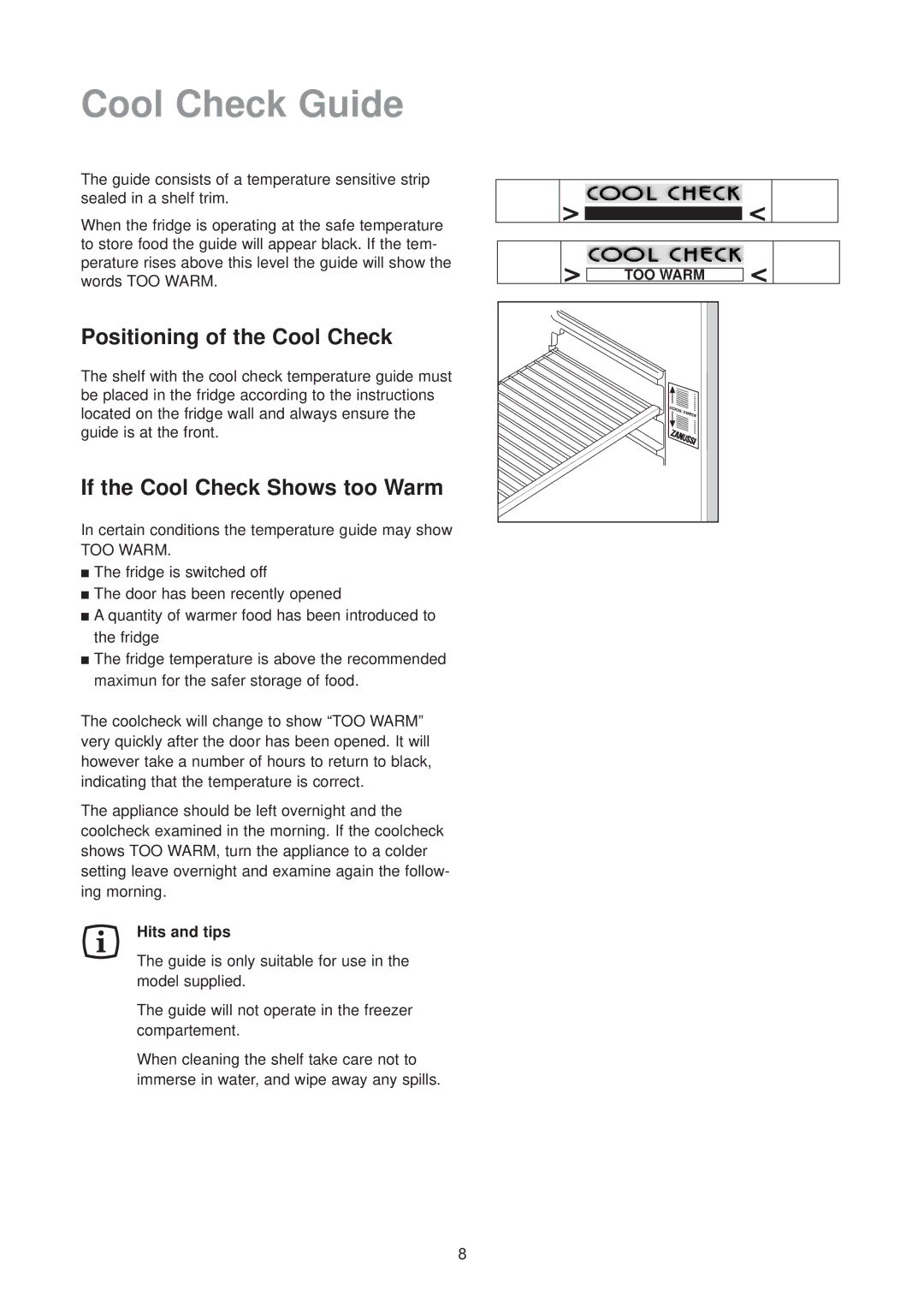 Zanussi ZFT 51/2 R manual Cool Check Guide, Positioning of the Cool Check, If the Cool Check Shows too Warm 