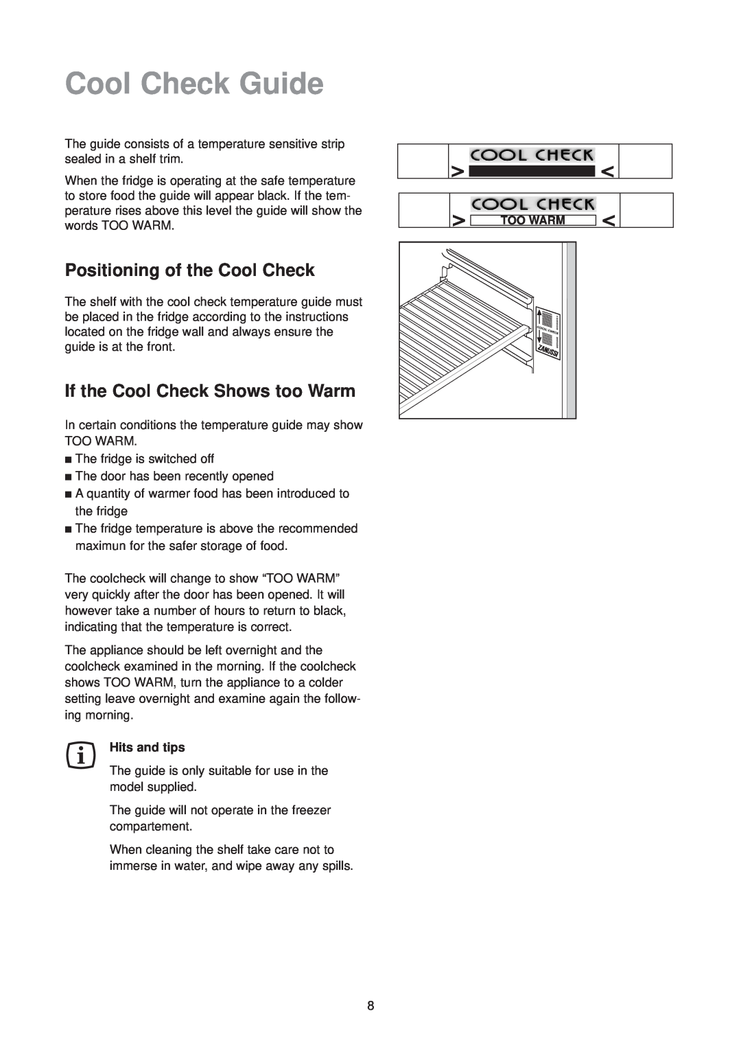 Zanussi ZFT 51/2 R manual Cool Check Guide, Positioning of the Cool Check, If the Cool Check Shows too Warm 