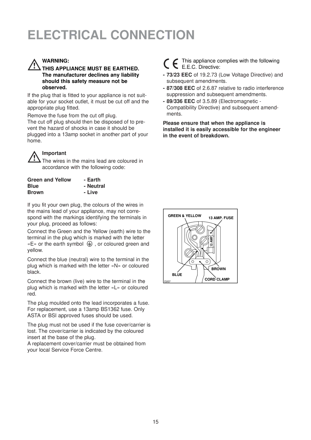 Zanussi ZFX 74 W manual Electrical Connection, Green and Yellow Earth Blue Neutral Brown Live 