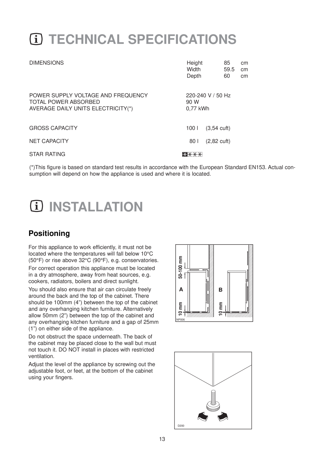 Zanussi ZFX 74 W manual Technical Specifications, Installation, Positioning 