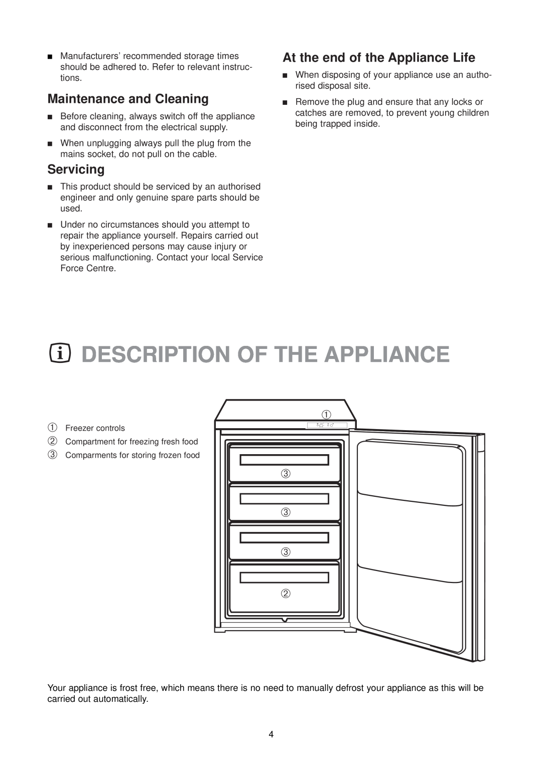 Zanussi ZFX 74 W manual Description Of The Appliance, ➀ ➁ ➂ 