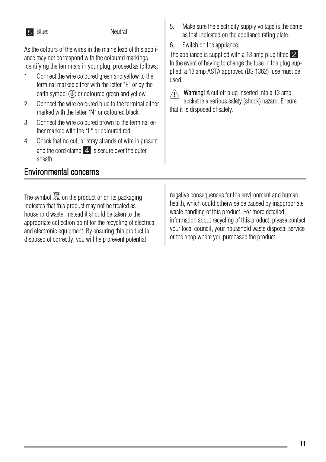 Zanussi ZFX305W user manual Environmental concerns, Blue, That it is disposed of safely 