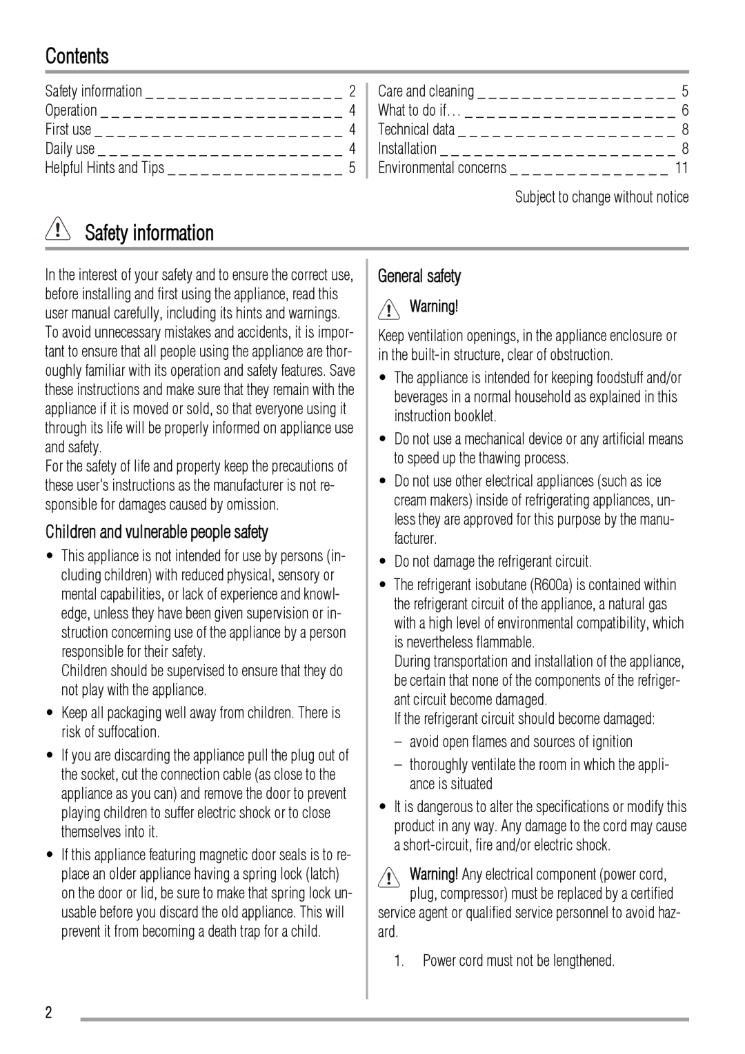 Zanussi ZFX305W user manual Contents, Safety information 