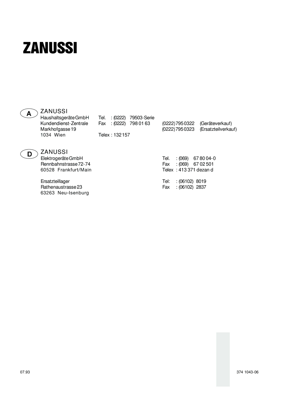 Zanussi ZGW 1302 X, ZG 1102 manual Zanussi 