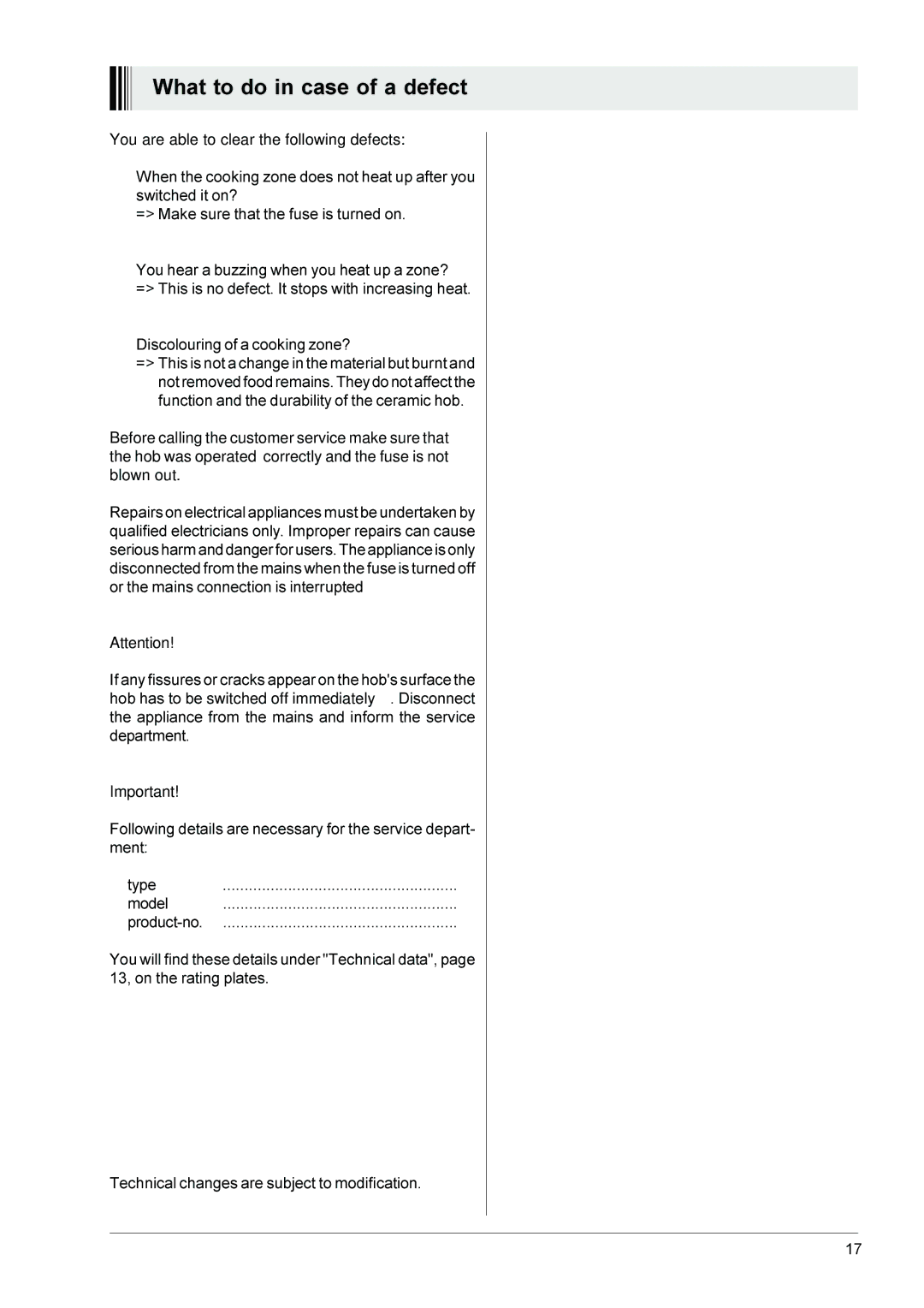 Zanussi ZG 1102, ZGW 1302 X manual What to do in case of a defect 