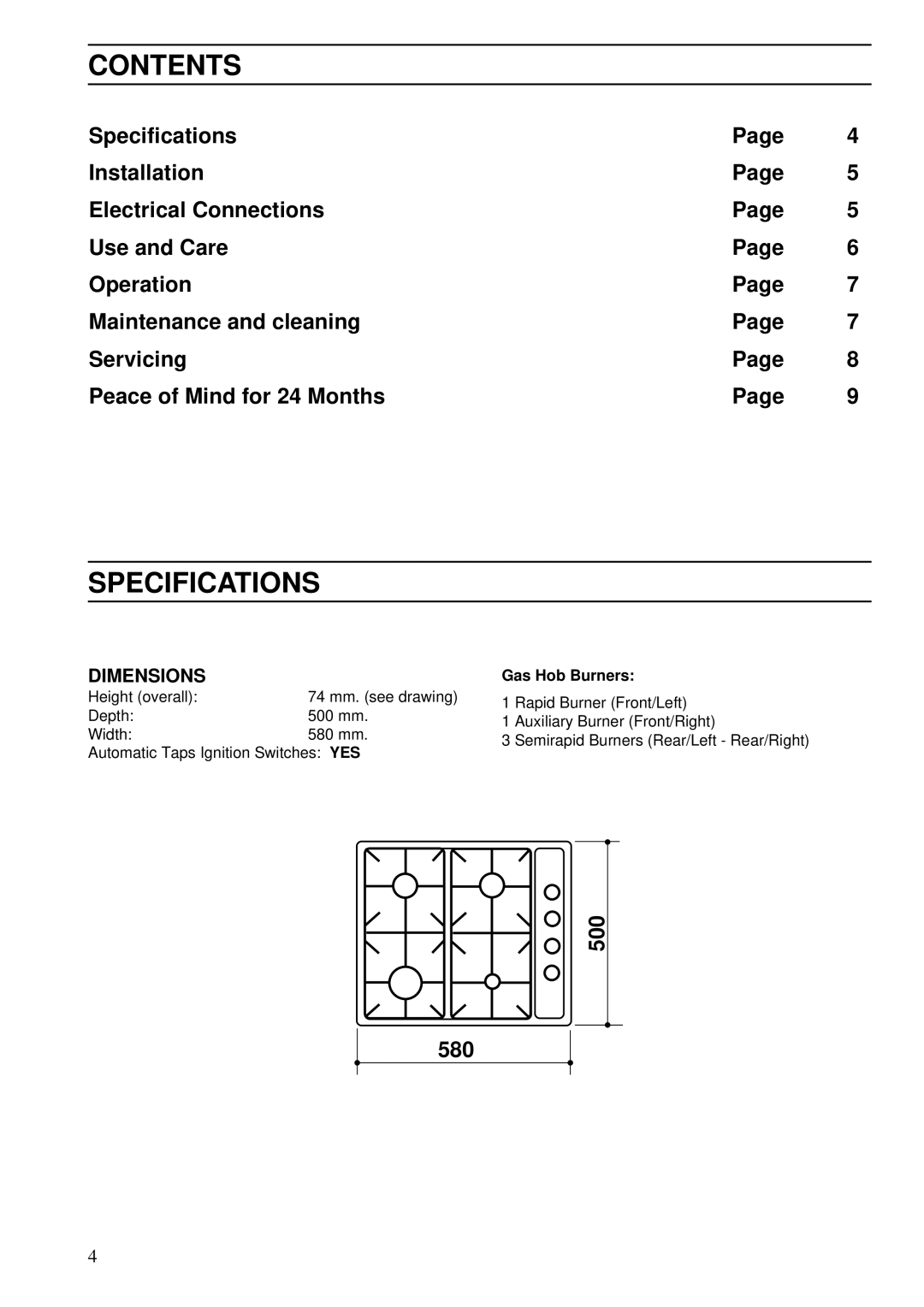 Zanussi ZGA 75 B manual Contents, Specifications 