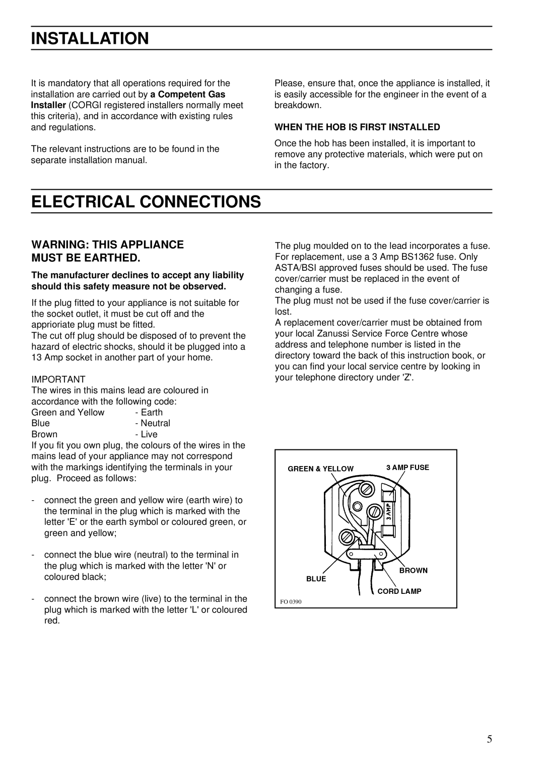 Zanussi ZGA 75 B manual Installation, Electrical Connections, Must be Earthed 