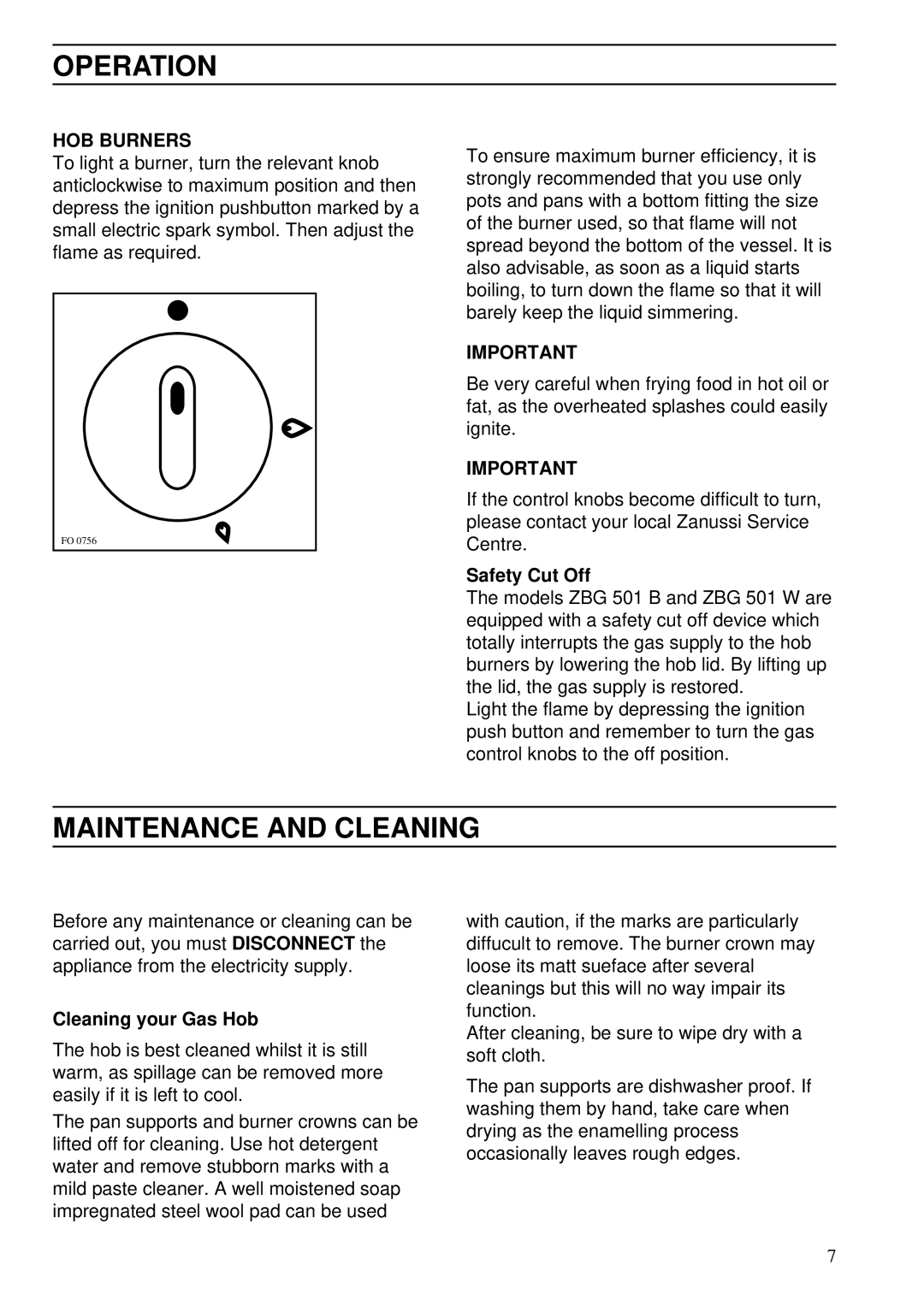 Zanussi ZGA 75 B manual Operation, Maintenance and Cleaning, HOB Burners 