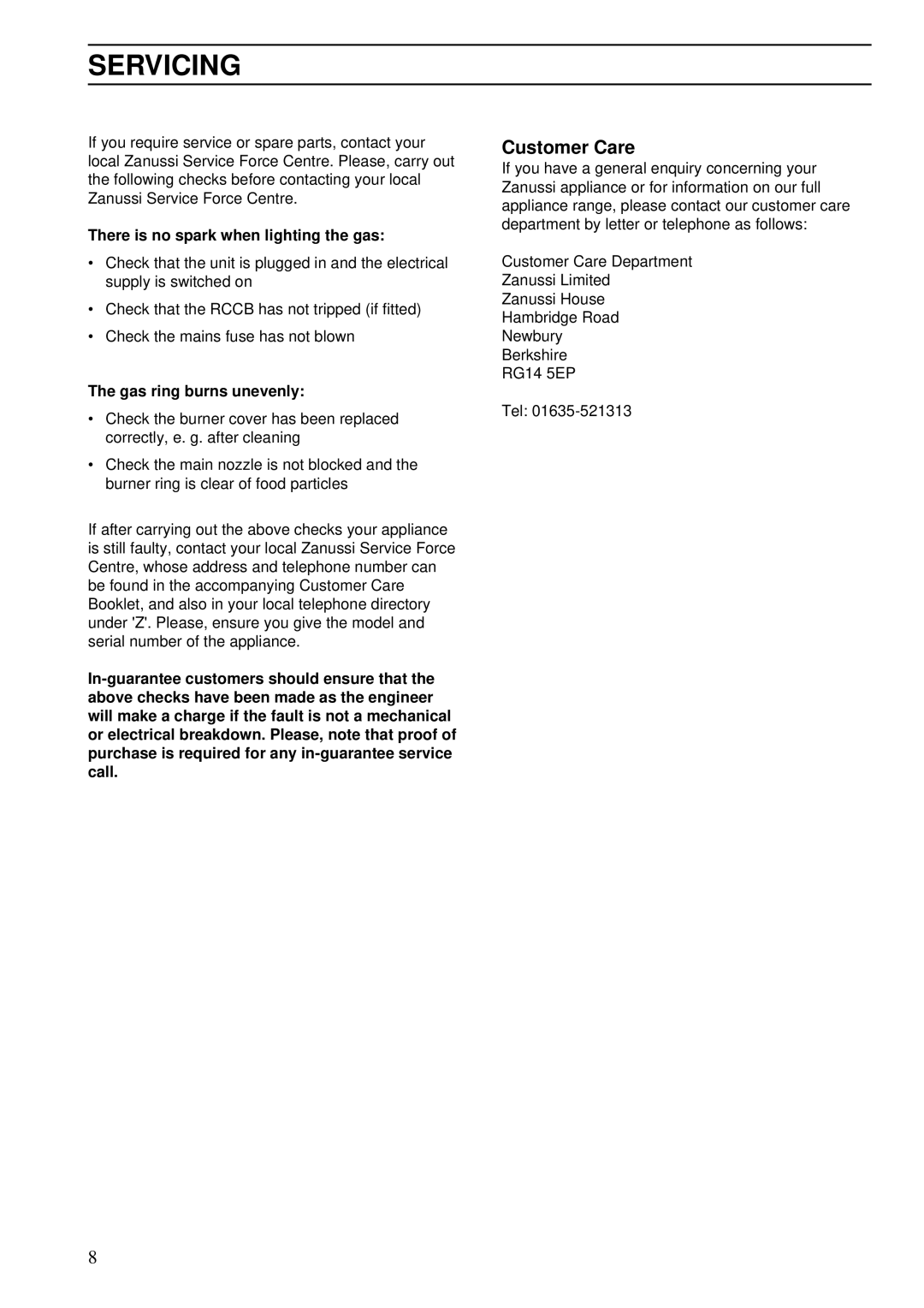 Zanussi ZGA 75 B manual Servicing, There is no spark when lighting the gas 