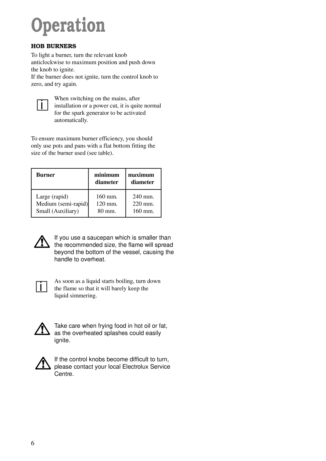 Zanussi ZGF 642 manual Operation, HOB Burners, Burner Minimum Maximum, Diameter 