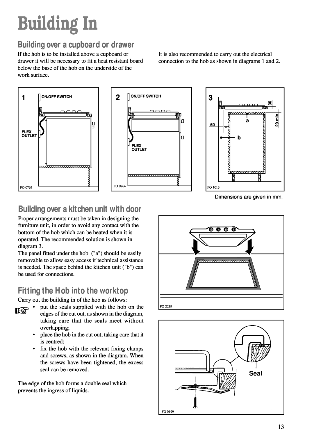 Zanussi ZGF 642 manual Building In, Fitting the Hob into the worktop, Seal, Building over a cupboard or drawer 