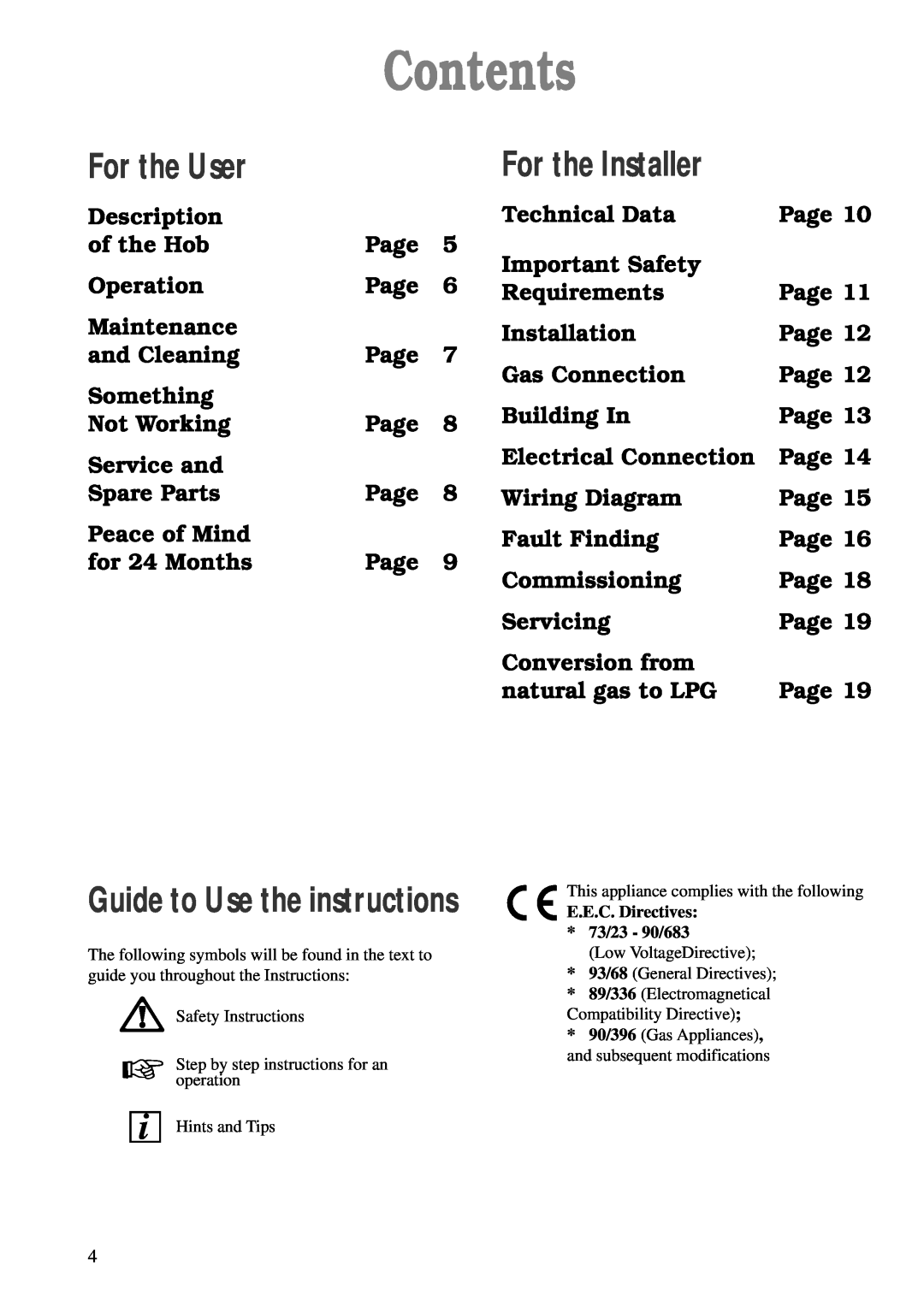 Zanussi ZGF 642 manual Contents, For the User, For the Installer, Guide to Use the instructions 