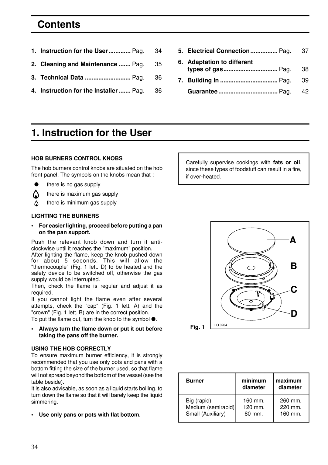 Zanussi ZGF 643 manual Contents, Instruction for the User 