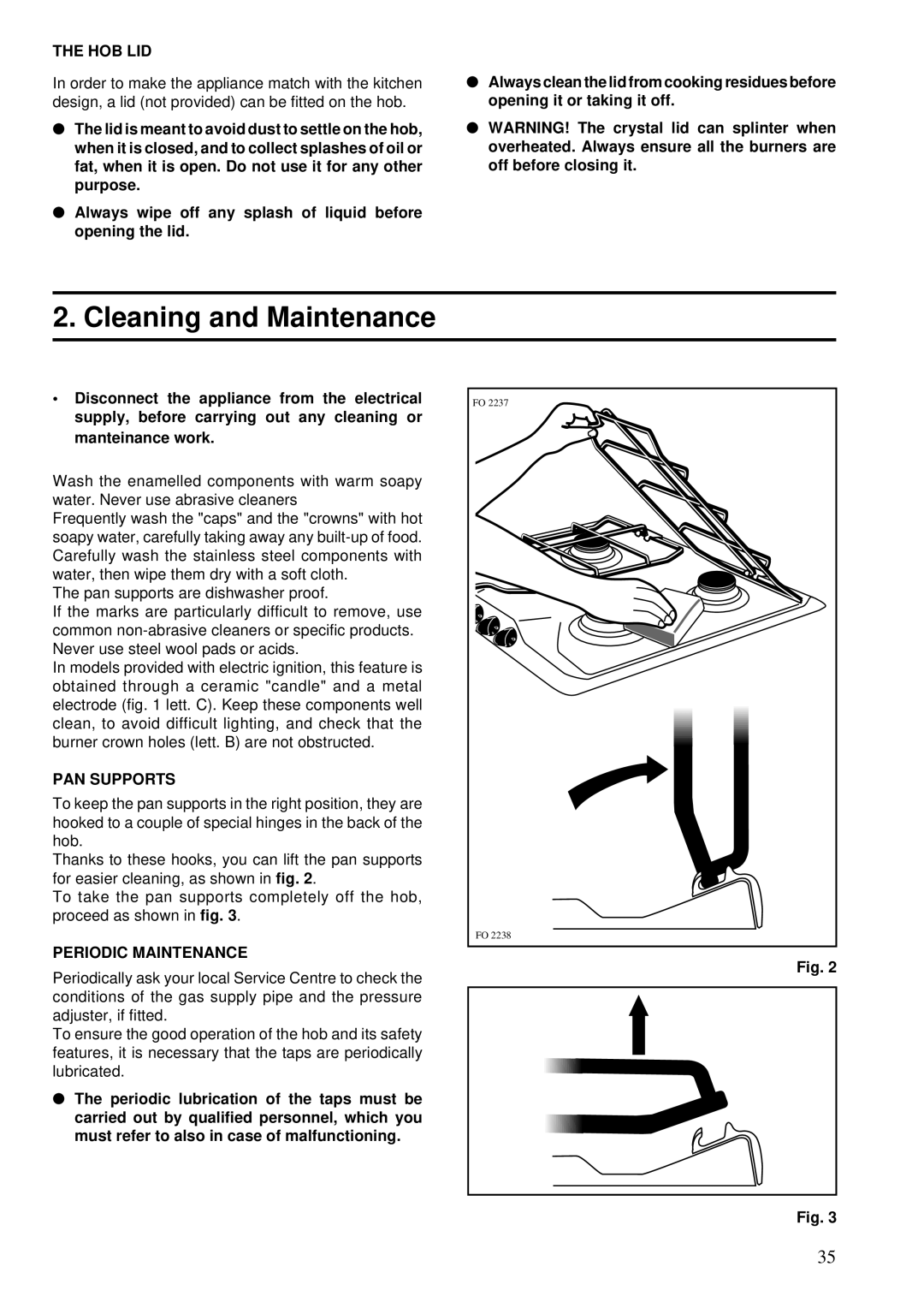 Zanussi ZGF 643 manual Cleaning and Maintenance, Hob Lid, PAN Supports, Periodic Maintenance 