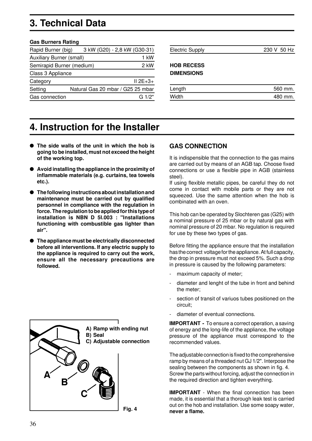 Zanussi ZGF 643 manual Technical Data, Instruction for the Installer, Gas Burners Rating, HOB Recess Dimensions 