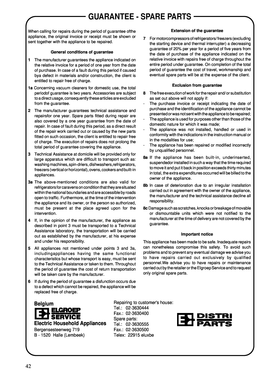 Zanussi ZGF 643 manual Guarantee - Spare Parts, Belgium, Electric Household Appliances 