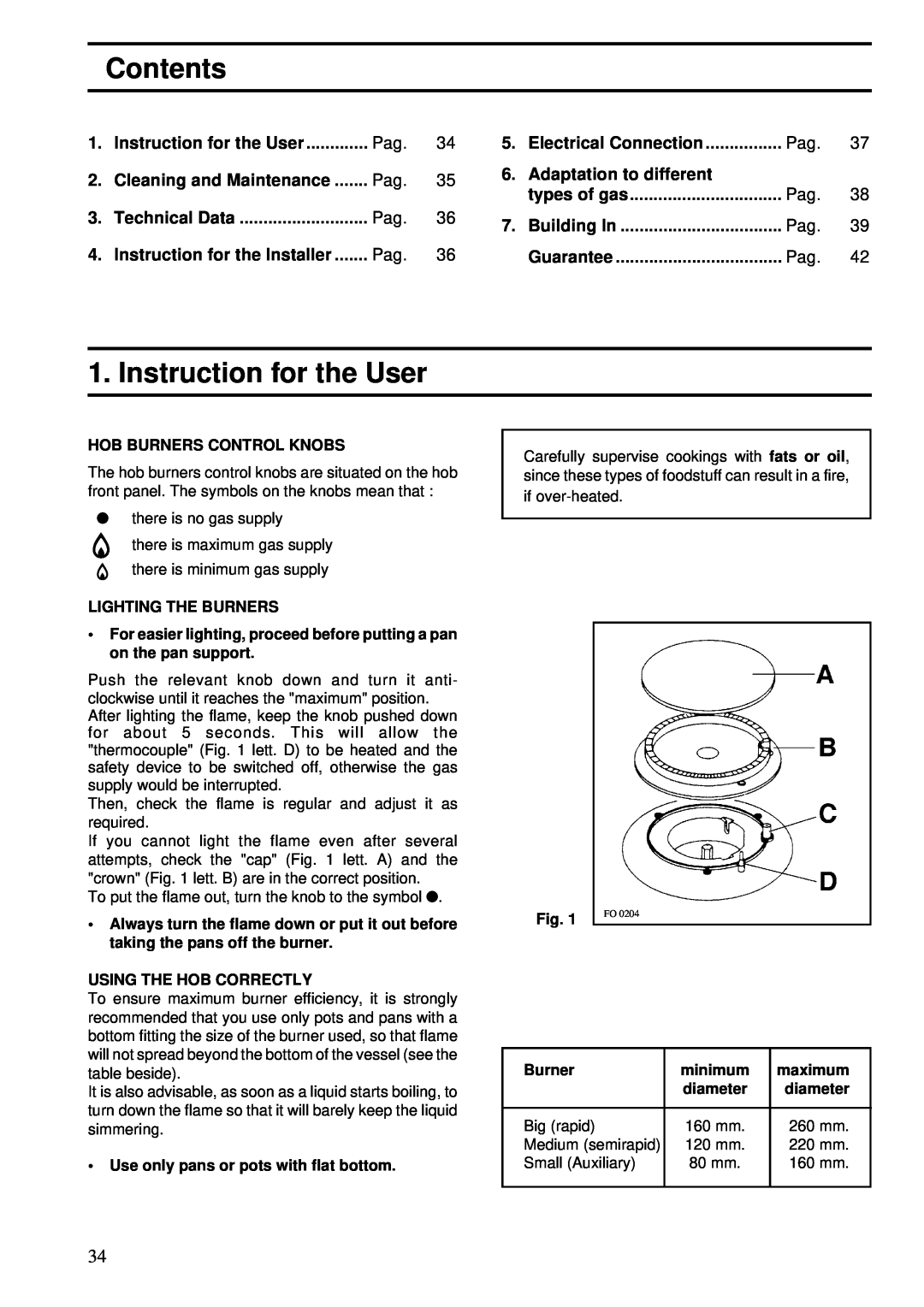 Zanussi ZGF 643 manual Contents, Instruction for the User 