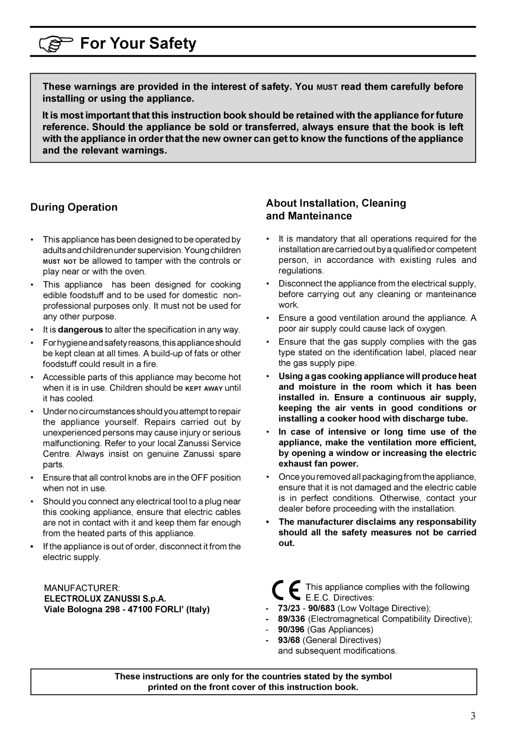 Zanussi ZGF 647 installation manual For Your Safety, Manufacturer 