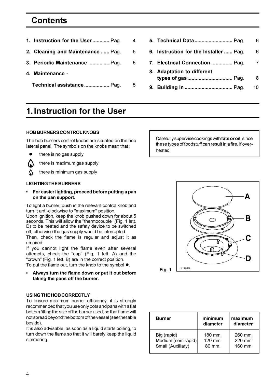 Zanussi ZGF 647 installation manual Contents, Instruction for the User 