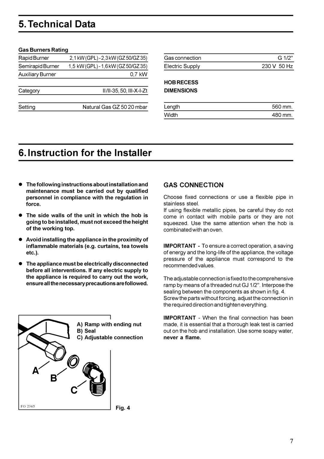 Zanussi ZGF 647 installation manual Technical Data, Instruction for the Installer, Hobrecess Dimensions 