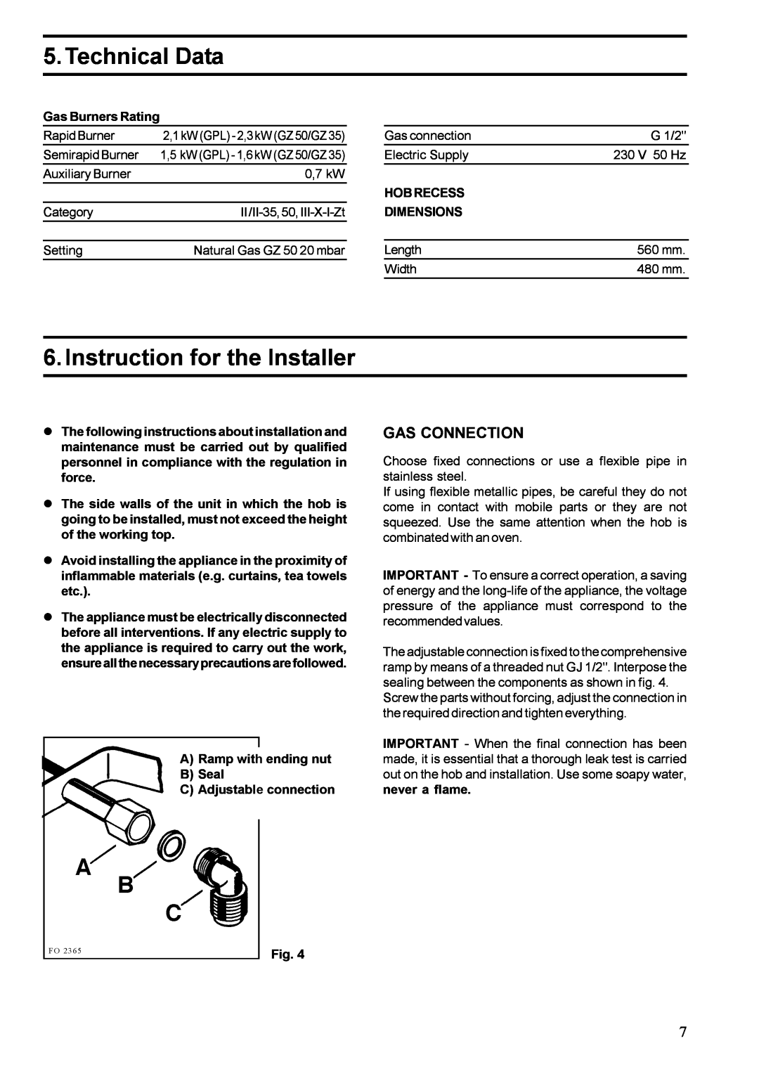 Zanussi ZGF 647 installation manual Technical Data, Instruction for the Installer, Gas Connection 