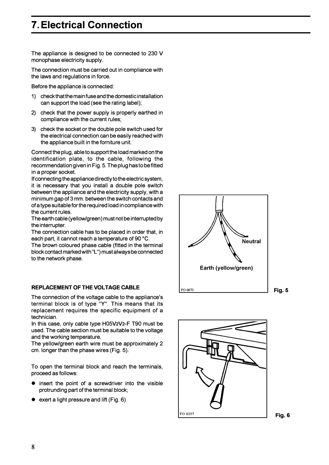 Zanussi ZGF 647 installation manual Electrical Connection 