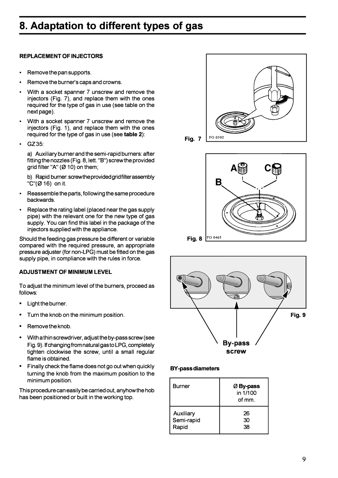 Zanussi ZGF 647 installation manual Adaptation to different types of gas, By-pass screw 
