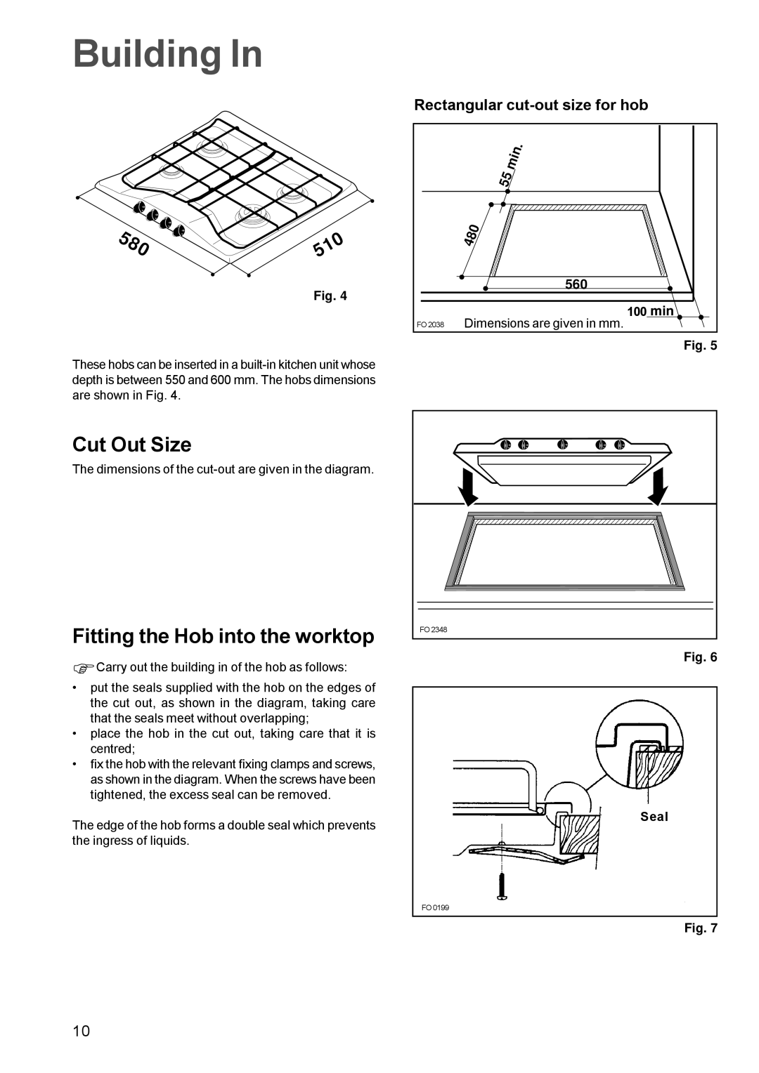 Zanussi ZGF 681 manual Building, Cut Out Size, Fitting the Hob into the worktop 