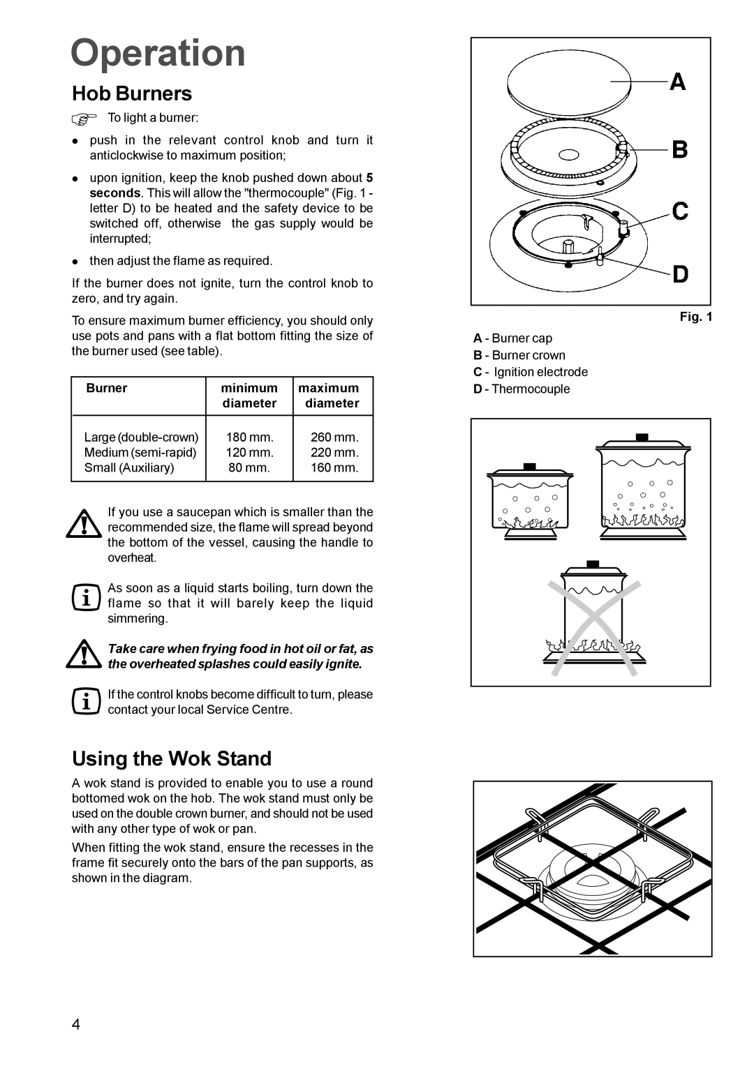 Zanussi ZGF 681 manual Operation, Hob Burners, Using the Wok Stand 