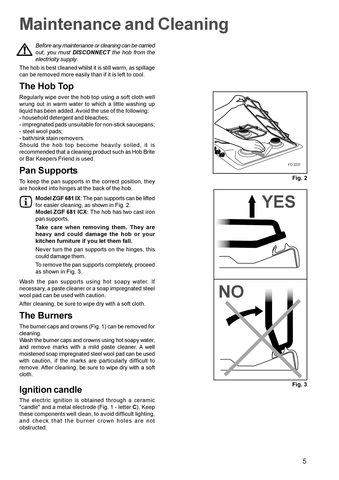 Zanussi ZGF 681 manual Maintenance and Cleaning, Hob Top, Pan Supports, Burners, Ignition candle 