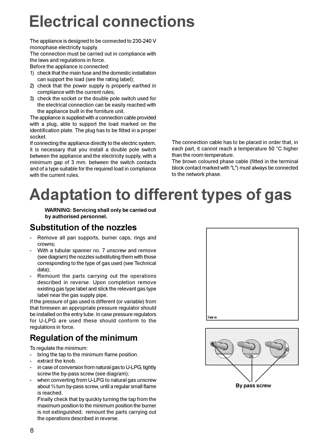 Zanussi ZGF 681 manual Electrical connections, Adaptation to different types of gas, Substitution of the nozzles 