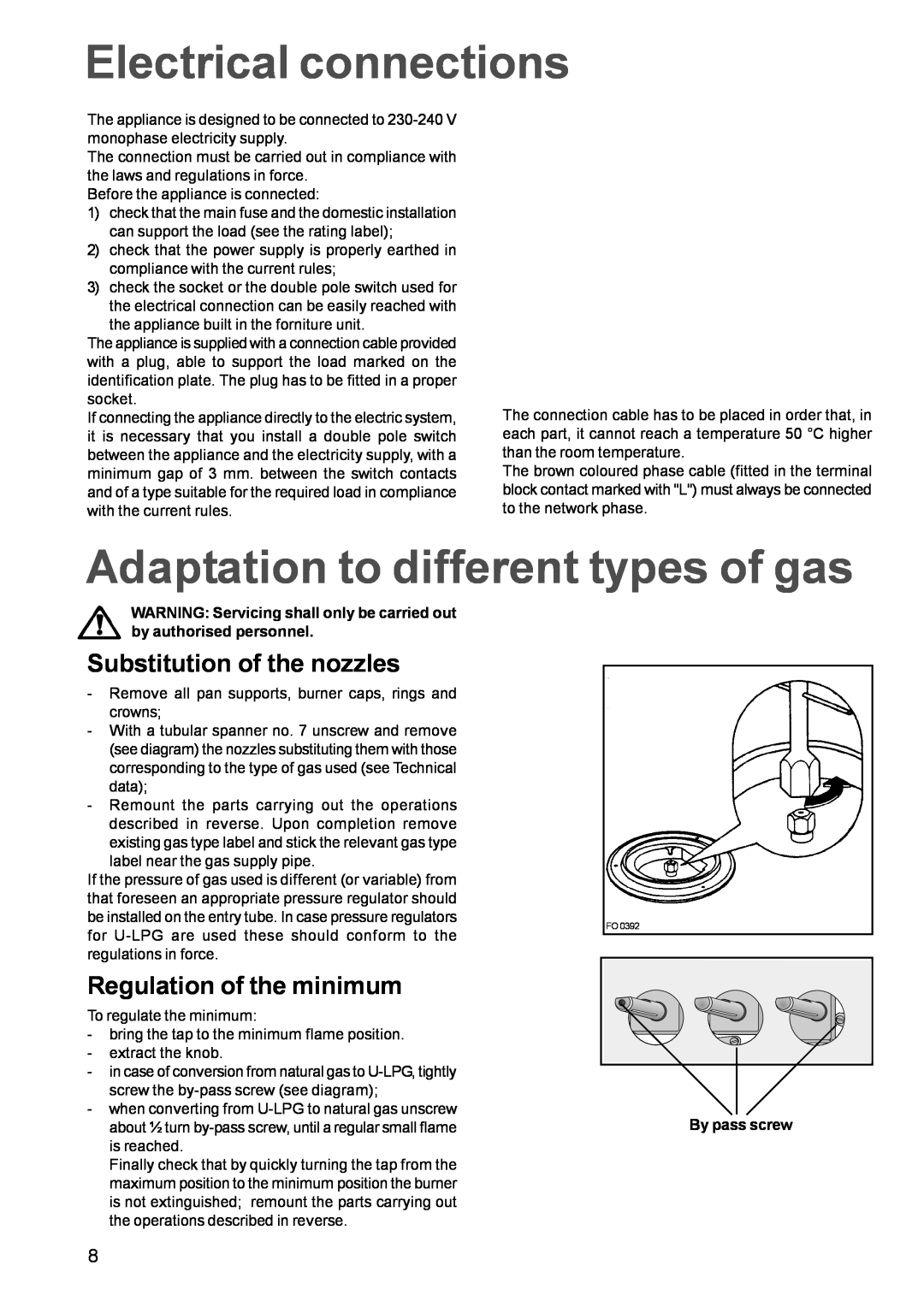 Zanussi ZGF 681 manual Electrical connections, Adaptation to different types of gas, Substitution of the nozzles 