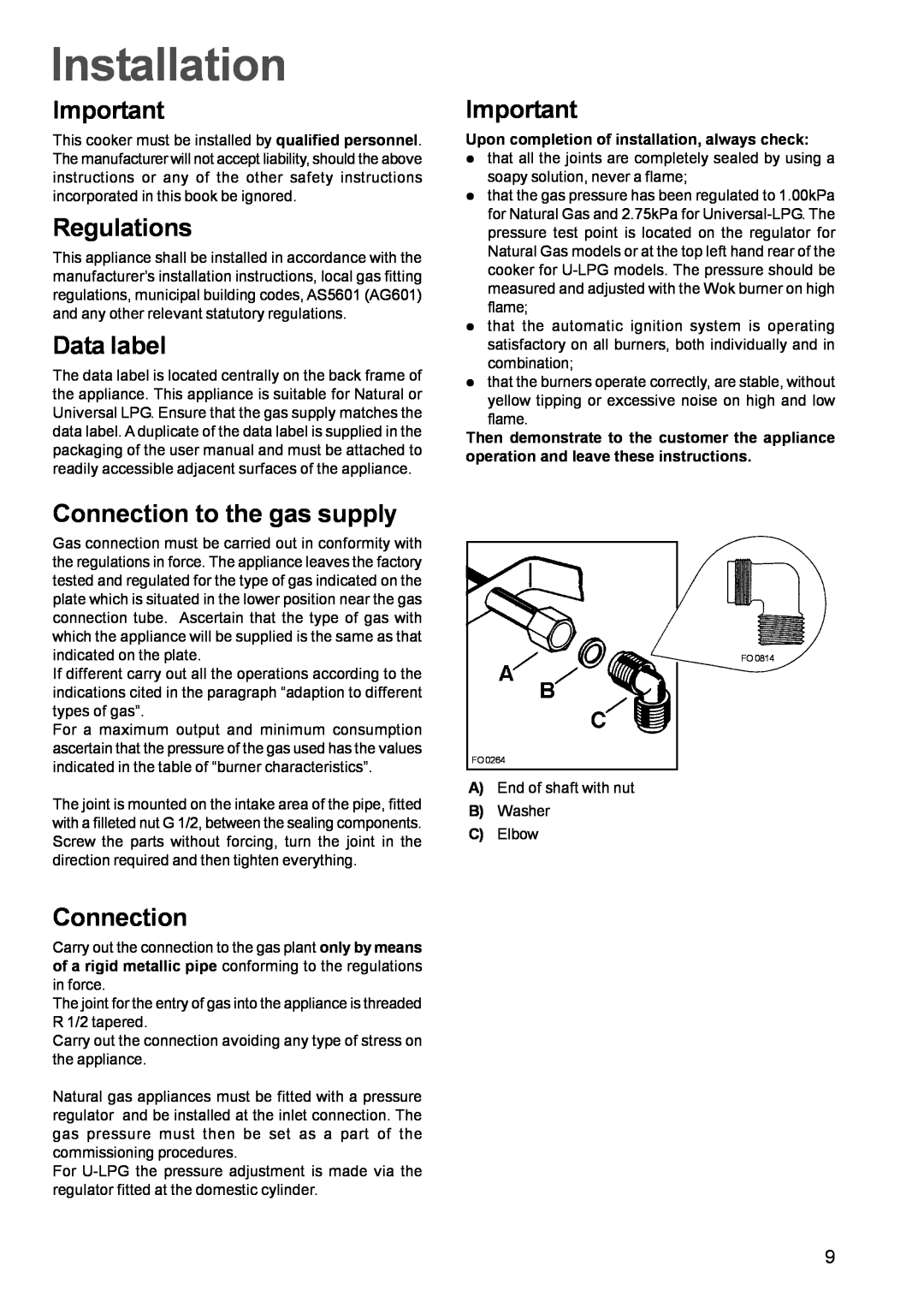 Zanussi ZGF 681 manual Installation, Regulations, Data label, Connection to the gas supply 