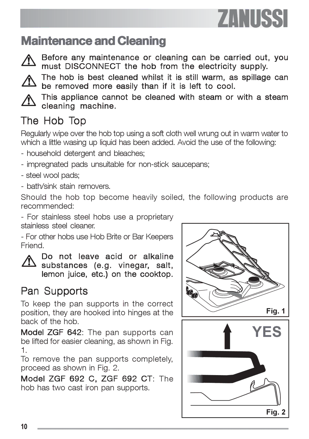 Zanussi manual Maintenance and Cleaning, Hob Top, Pan Supports, Model ZGF 692 C, ZGF 692 CT 