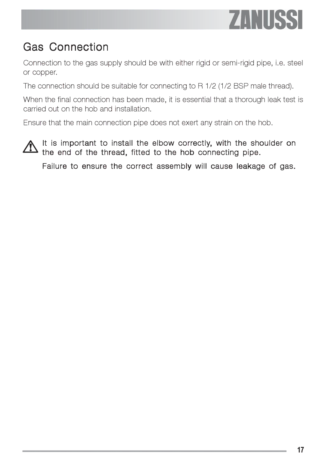 Zanussi ZGF 692 CT manual Gas Connection 