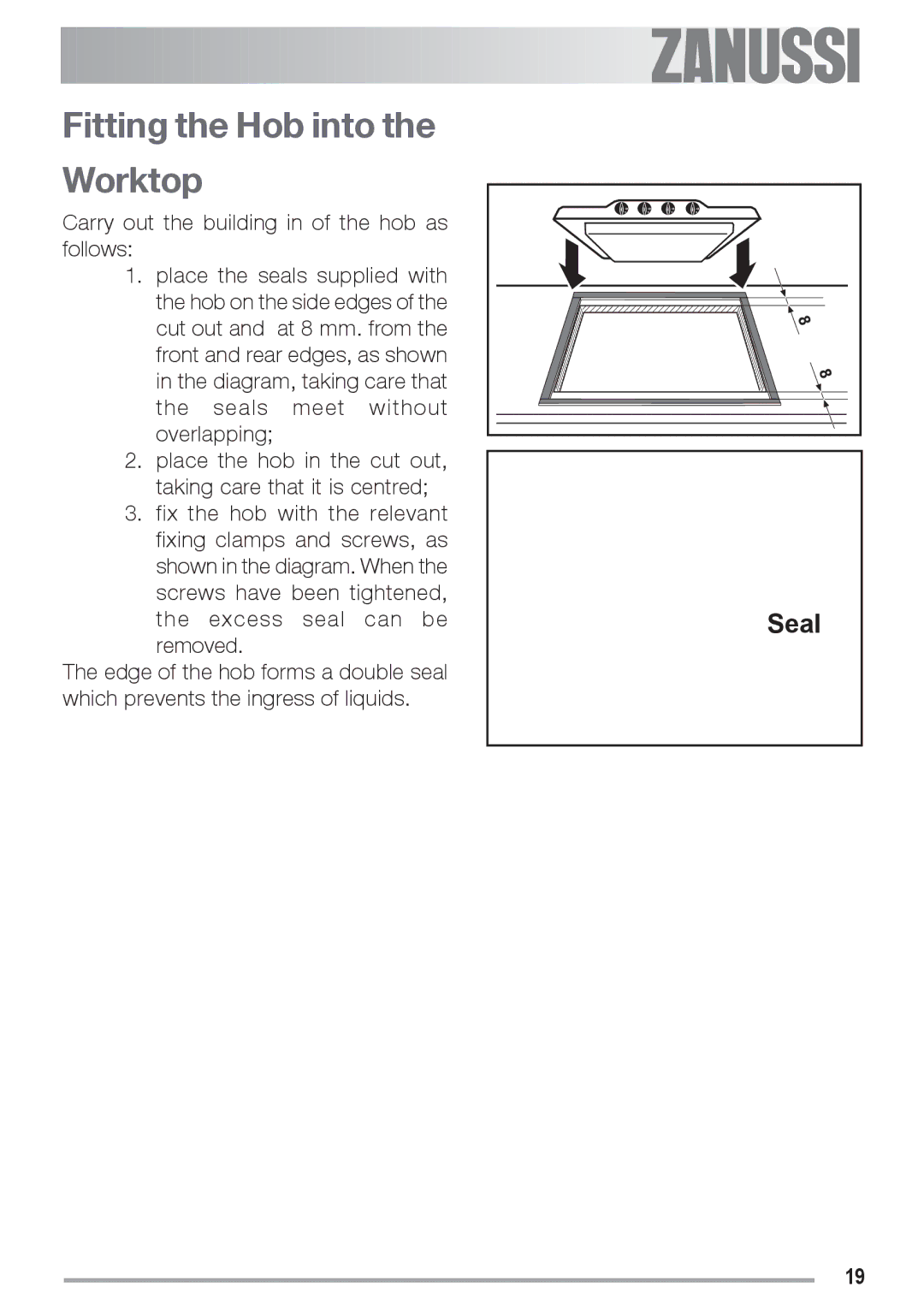 Zanussi ZGF 692 CT manual Fitting the Hob into Worktop 