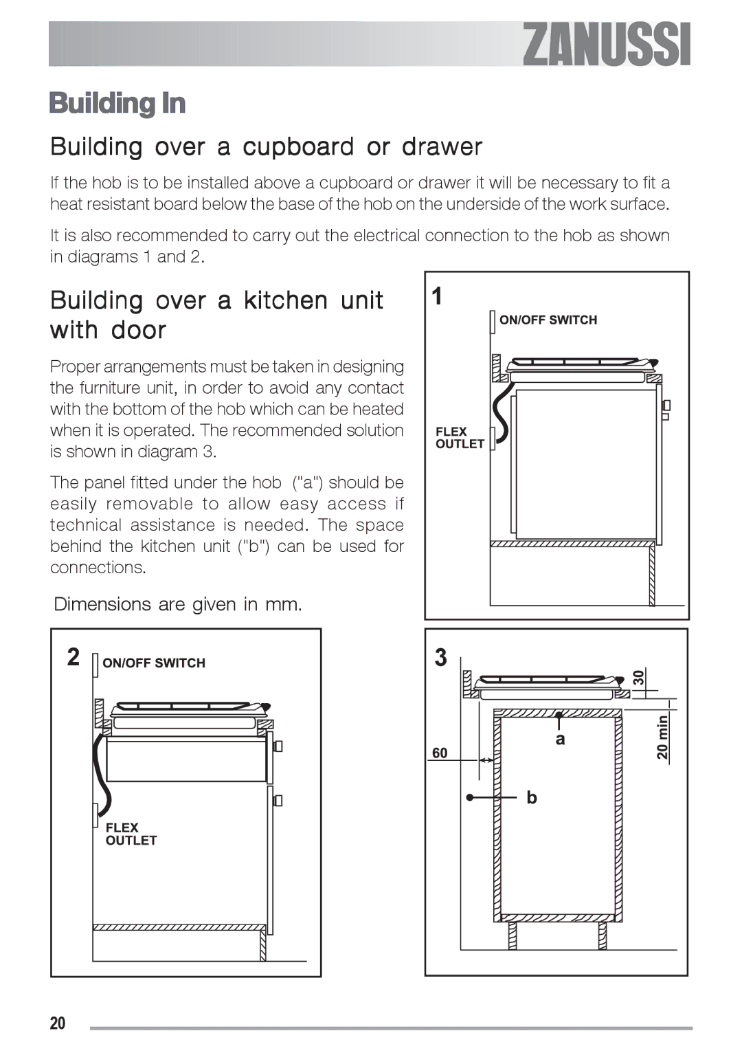 Zanussi ZGF 692 CT manual Building over a cupboard or drawer, Building over a kitchen unit with door 