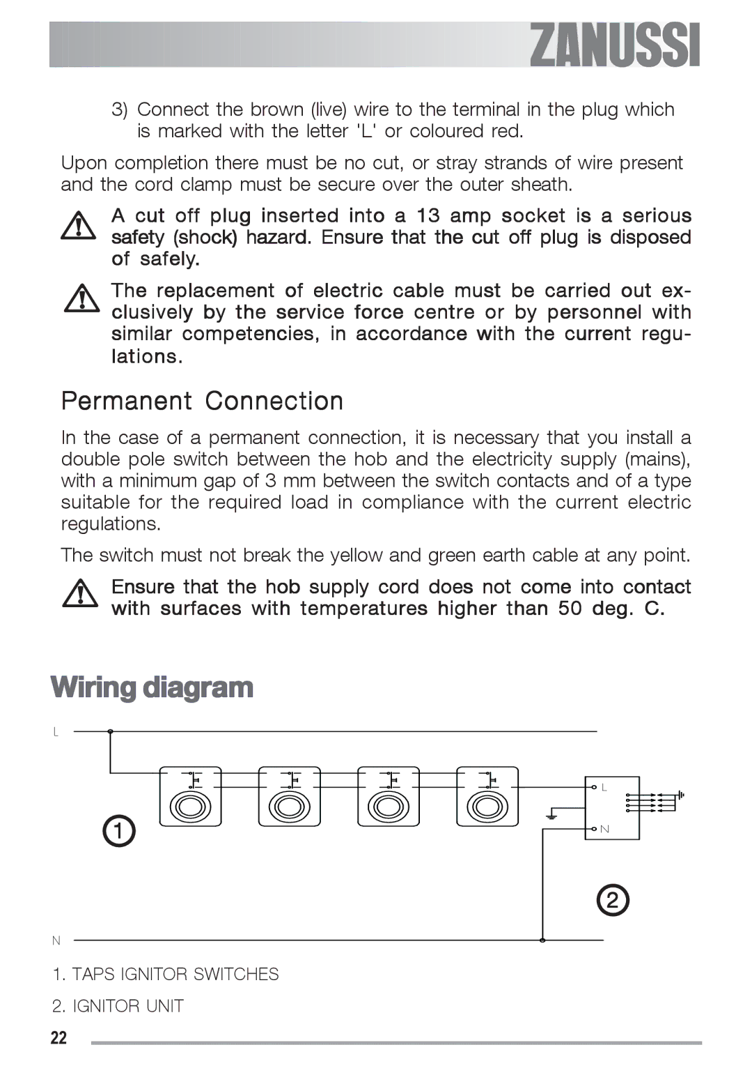 Zanussi ZGF 692 CT manual Wiring diagram, Permanent Connection 