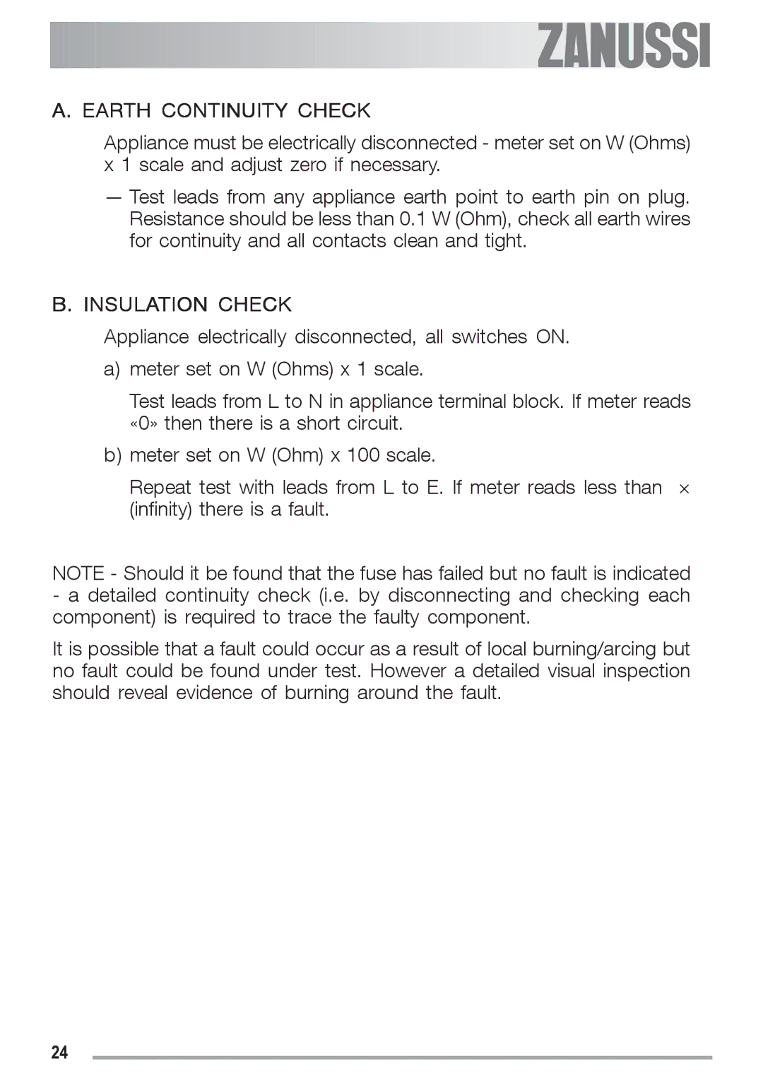 Zanussi ZGF 692 CT manual Earth Continuity Check 