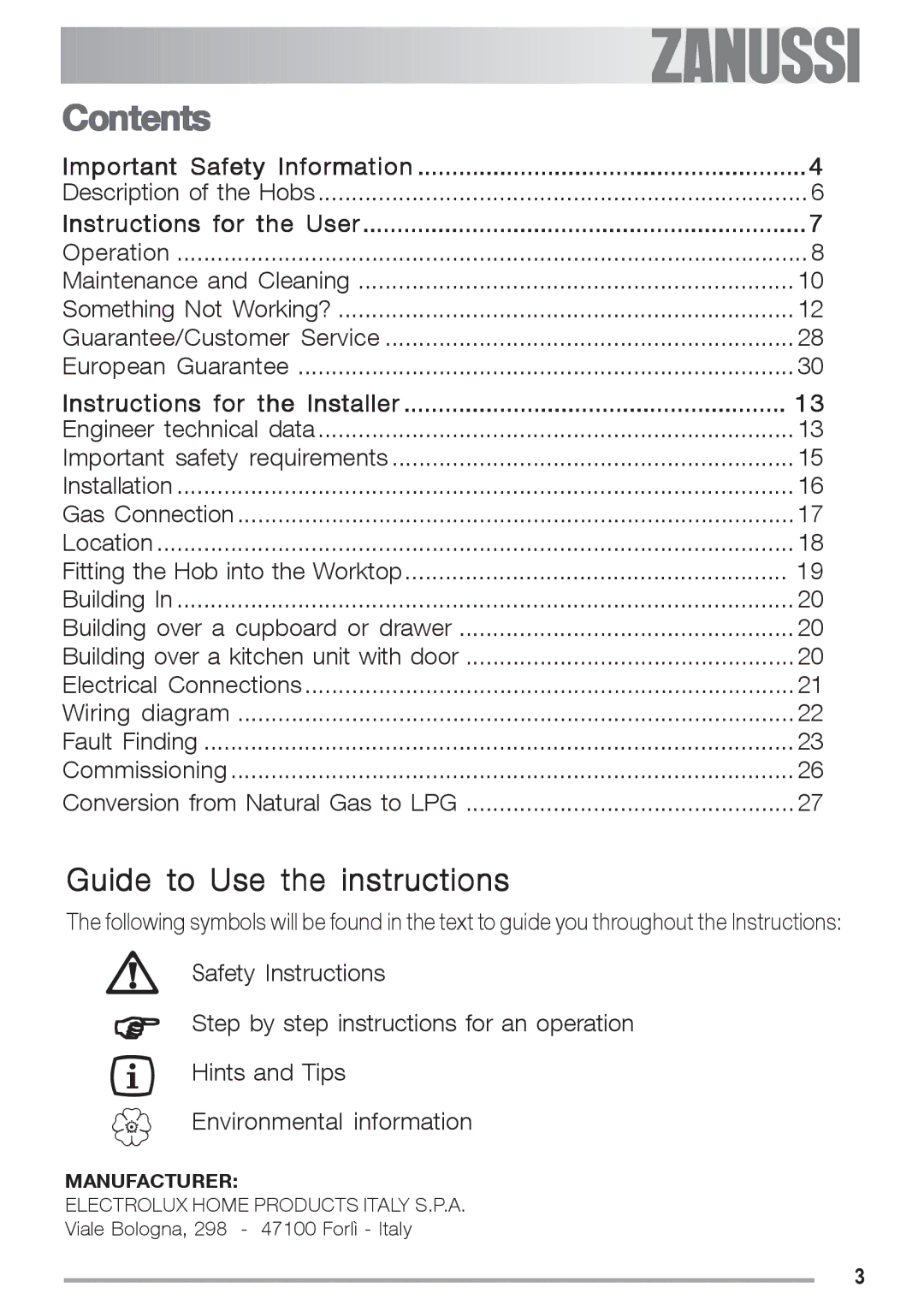 Zanussi ZGF 692 CT manual Contents 