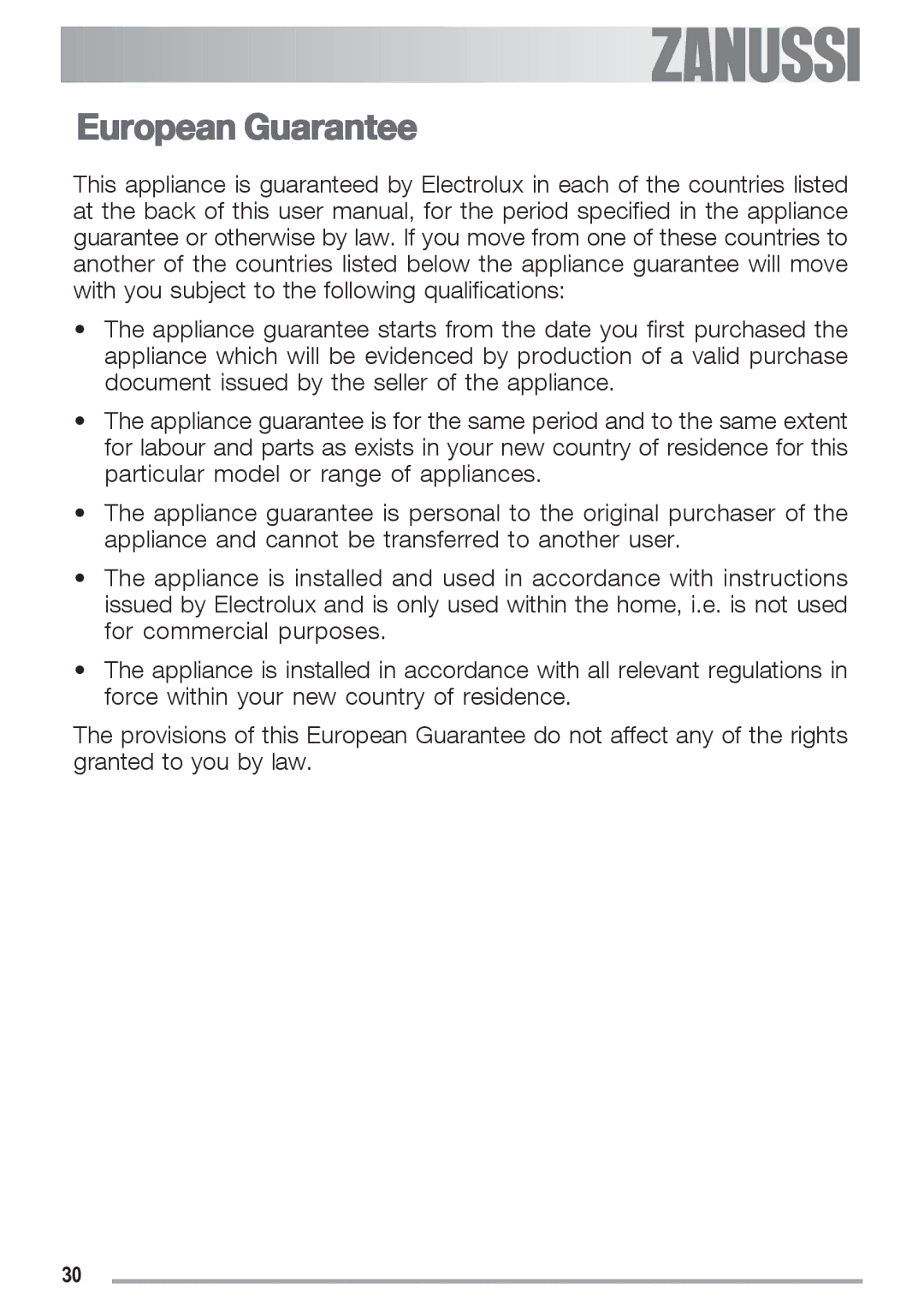 Zanussi ZGF 692 CT manual European Guarantee 