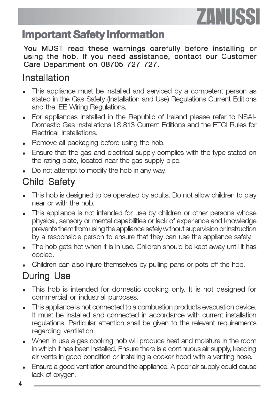 Zanussi ZGF 692 CT manual Important Safety Information, Installation, Child Safety, During Use 