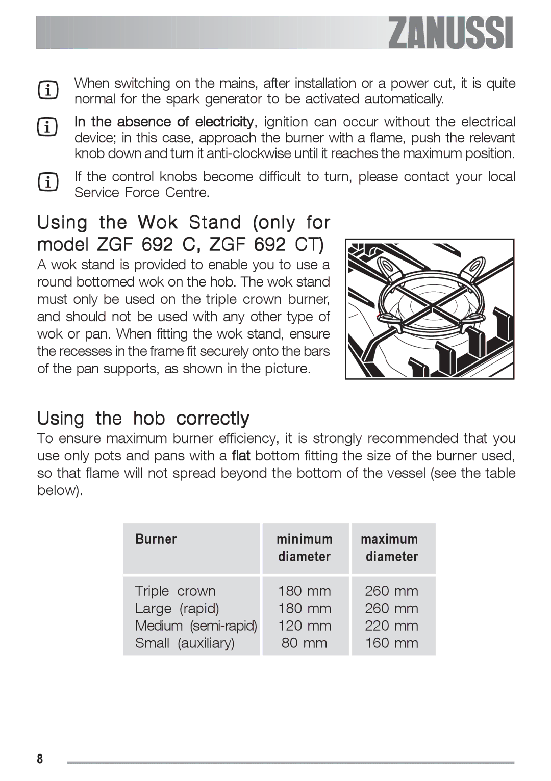 Zanussi manual Using the Wok Stand only for model ZGF 692 C, ZGF 692 CT, Using the hob correctly 