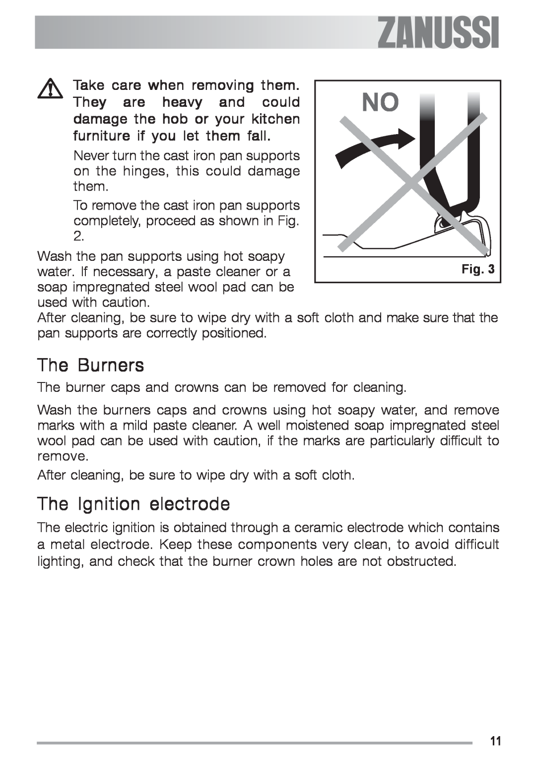 Zanussi ZGF 692 CT manual The Burners, The Ignition electrode, Take care when removing them, furniture if you let them fall 