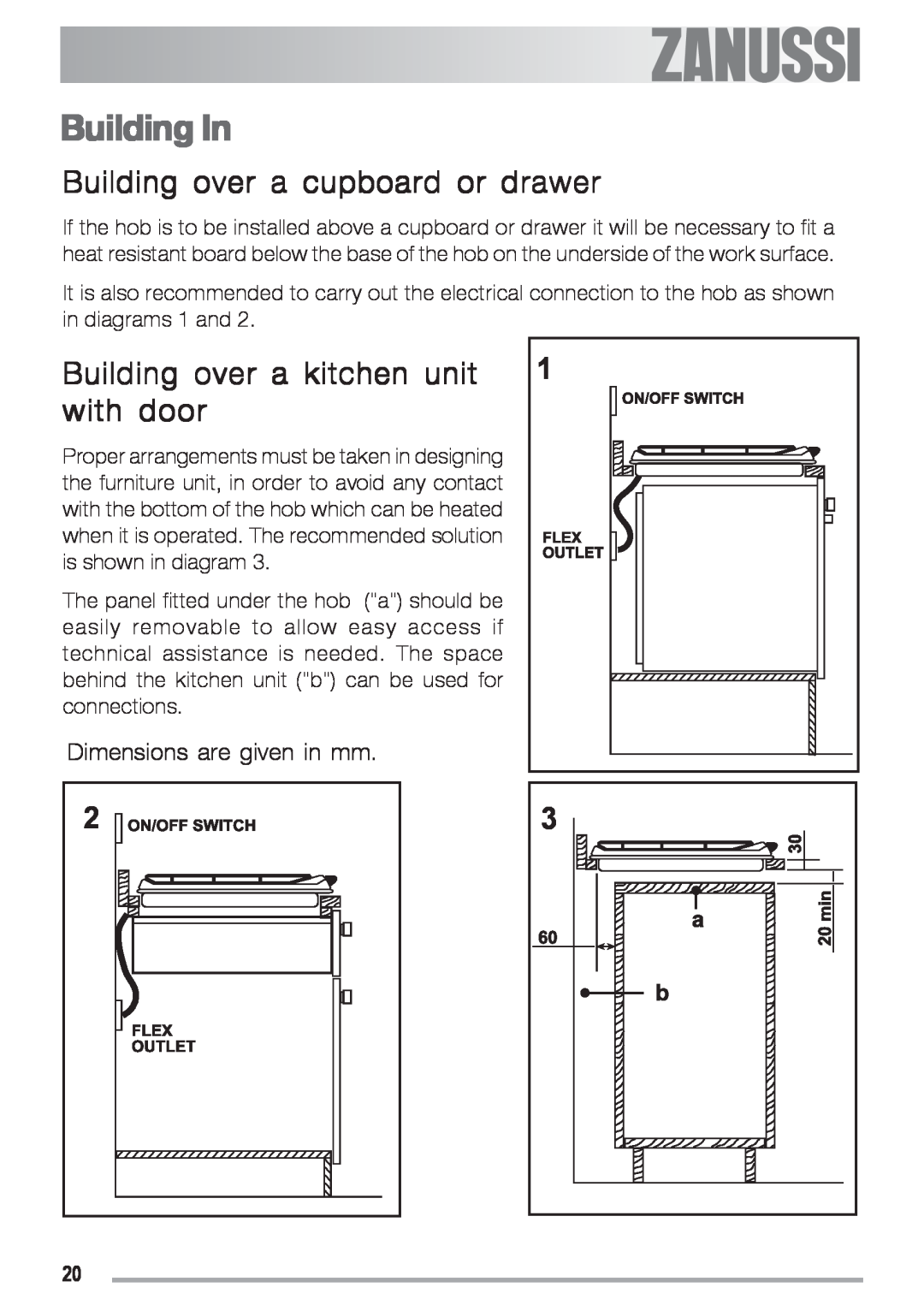 Zanussi ZGF 692 CT manual Building In, Building over a cupboard or drawer, Building over a kitchen unit with door 