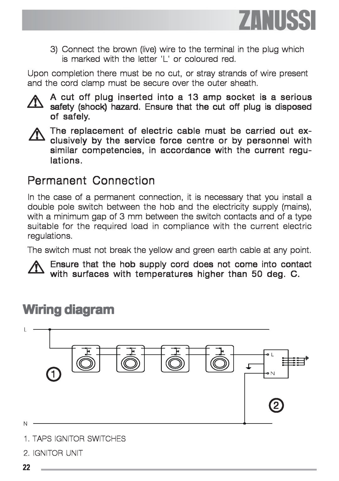 Zanussi ZGF 692 CT manual Wiring diagram, Permanent Connection 