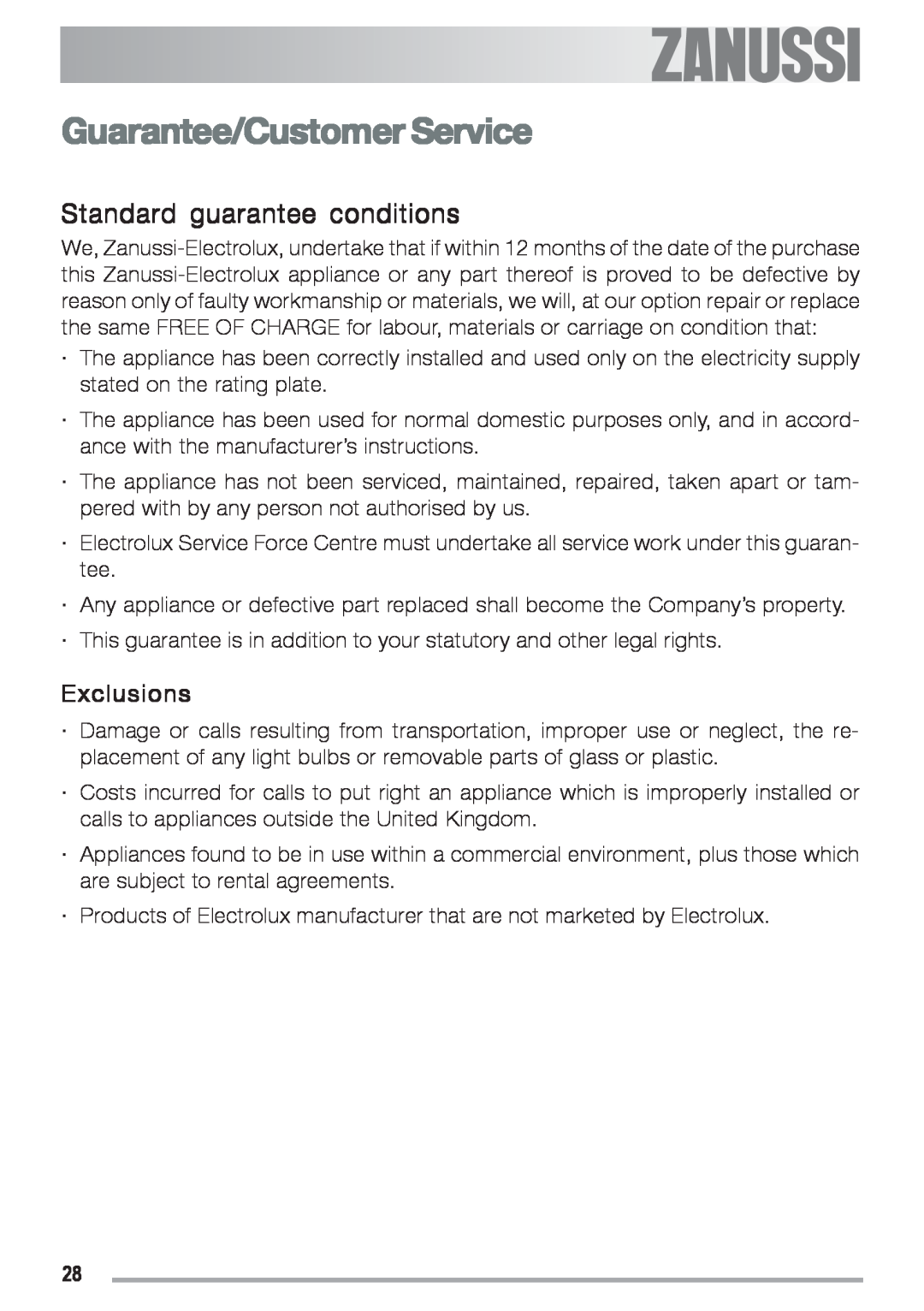 Zanussi ZGF 692 CT manual Standard guarantee conditions, Guarantee/Customer Service 
