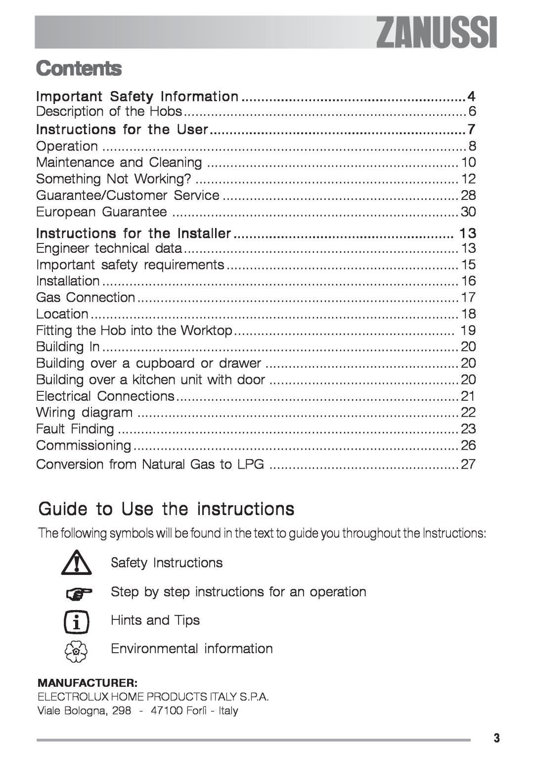 Zanussi ZGF 692 CT manual Contents, Guide to Use the instructions 